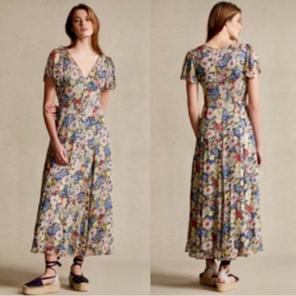 Polo Ralph Lauren Floral Garden Multicolor VNeck Buttoned Down Lined Maxi Dress